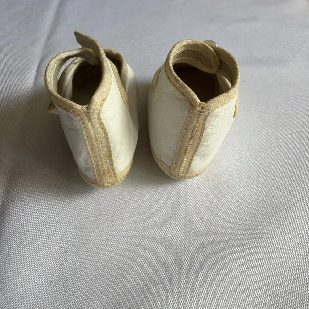 Vintage White Oilcloth Doll Shoes - Pearl Button Detail - Antique Fashion Doll